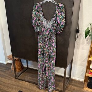 Spell Black Floral Romper with Pink & Teal Flower Print with Pockets